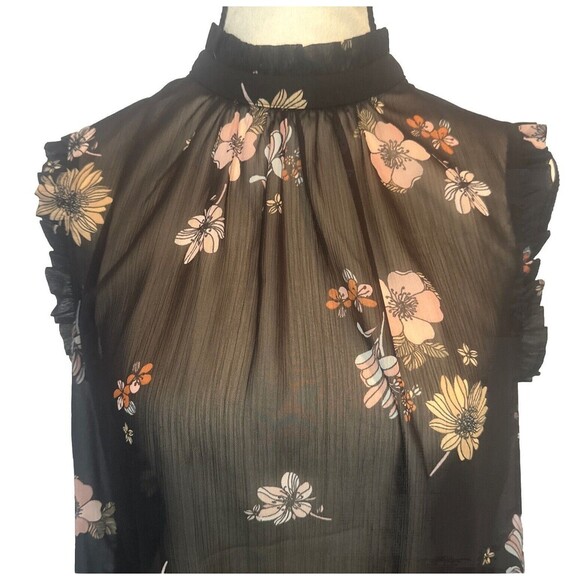 Women’s Who What Wear BLACK Shear W/ Multicolor Floral Ruffle Sleeveless Top -L - Picture 2 of 7
